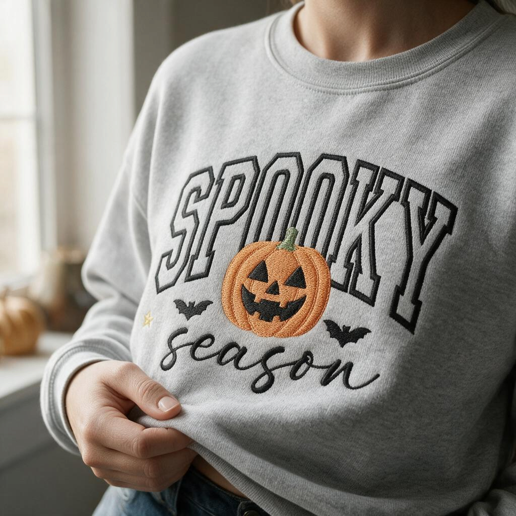 Doodlations Coffee Bar & Boutique grey unisex sweatshirt with embroidered Spooky Season pumpkin and bat design.