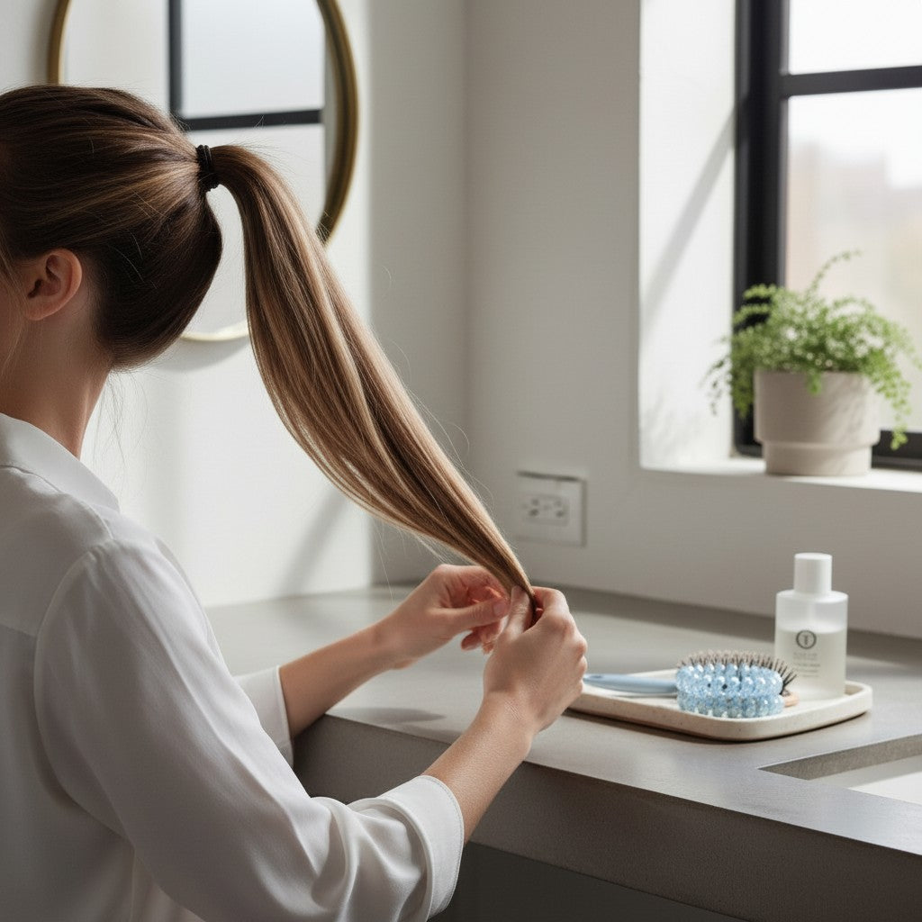 A woman with a high ponytail using Doodlations Coffee Bar & Boutique Ciao Bella hair ties in a bright room.