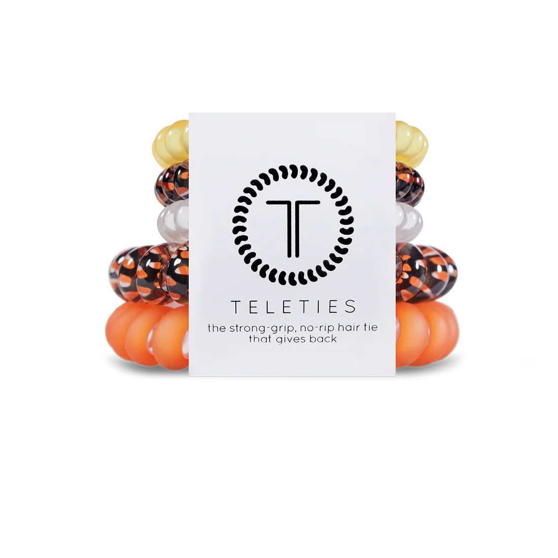 Doodlations Coffee Bar & Boutique Halloween mixed hair ties pack featuring orange, black, and white spiral coils.
