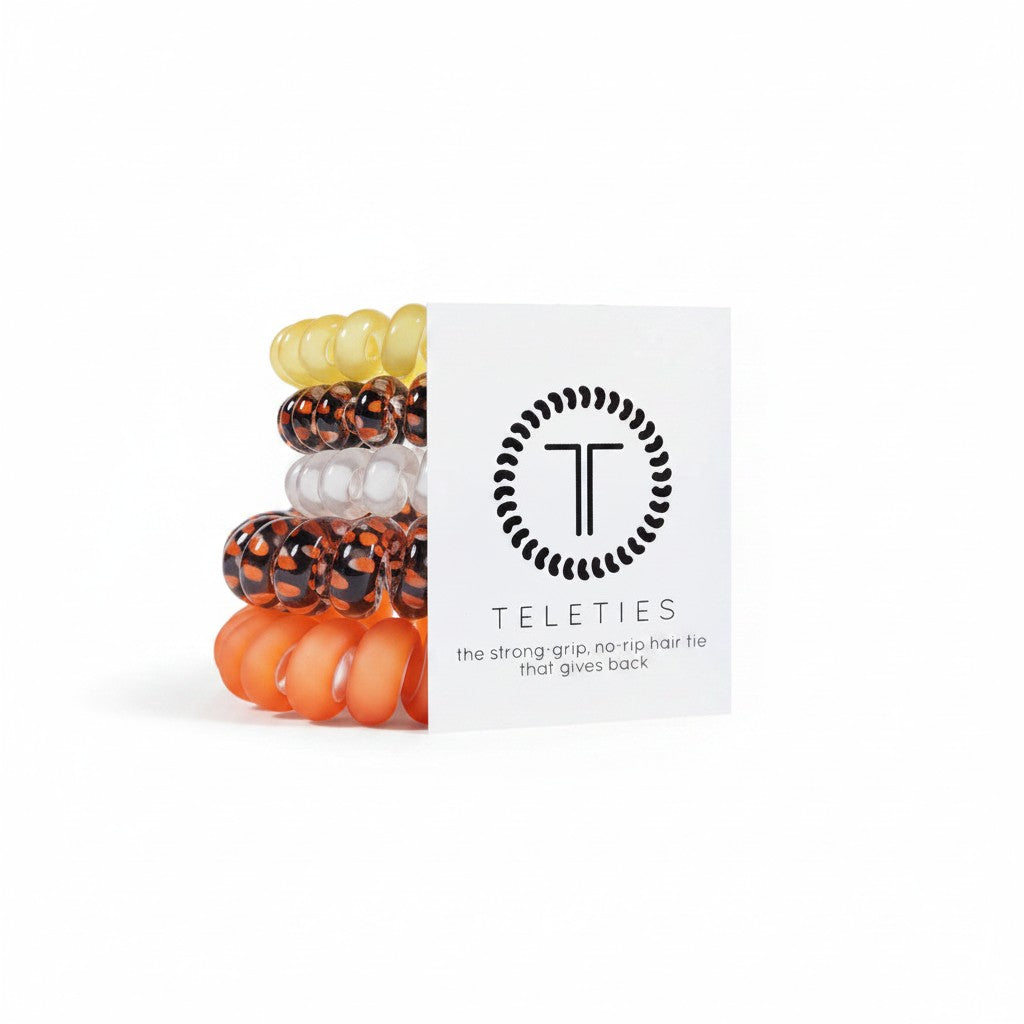 Doodlations Coffee Bar & Boutique Halloween TELETIES hair tie pack in orange, yellow, and tortoiseshell patterns.