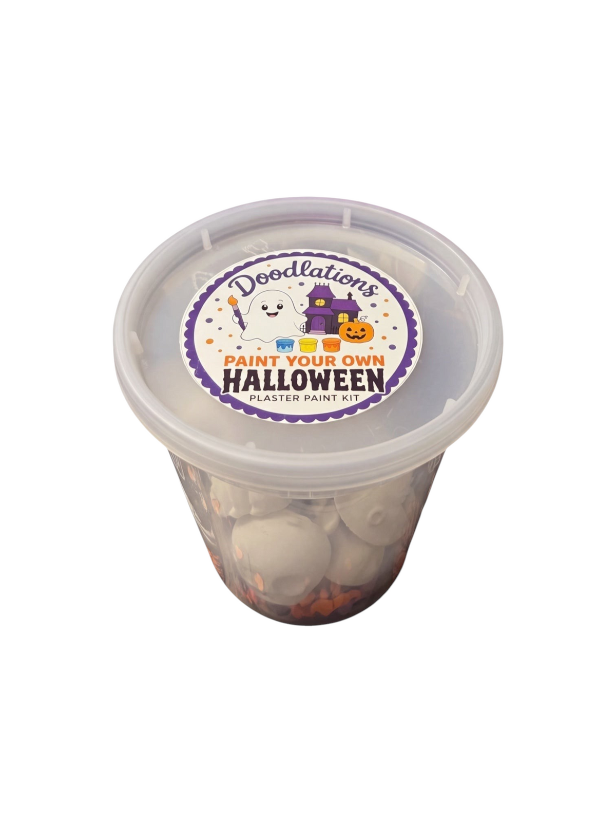 Doodlations Coffee Bar & Boutique Halloween plaster painting kit for kids in a clear container with five figurines.