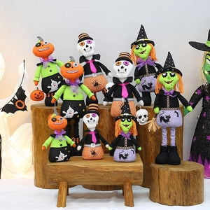 Doodlations Coffee Bar & Boutique fabric Halloween plush dolls featuring pumpkin, skeleton, and witch characters.