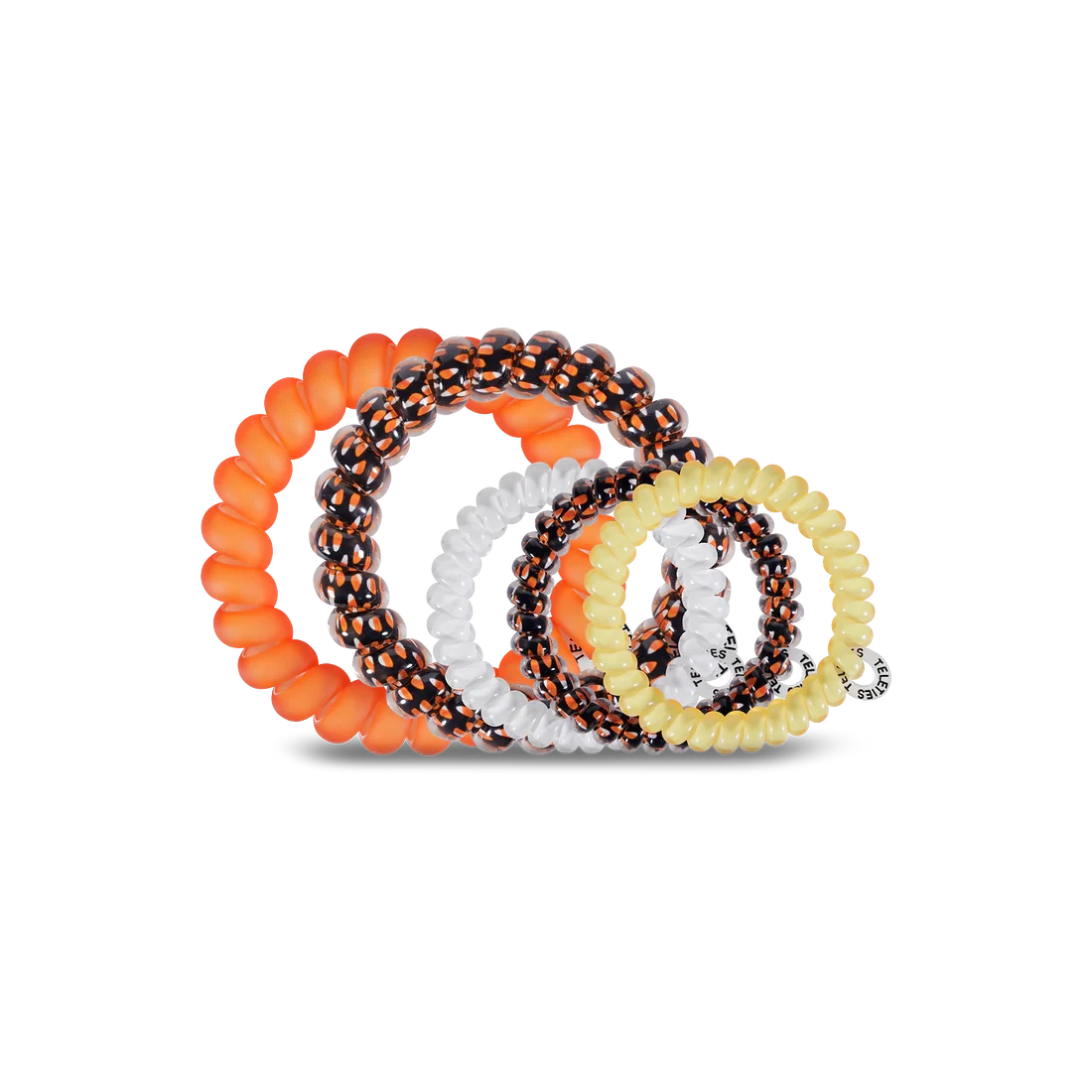 Doodlations Coffee Bar & Boutique Halloween spiral hair ties in orange, black, white, and yellow mix pack