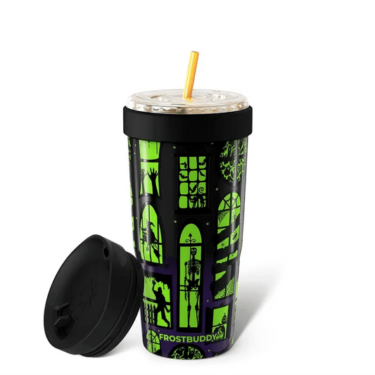 Doodlations Coffee Bar & Boutique Frost Buddy To-Go Buddy tumbler with a green and black Halloween spooky print