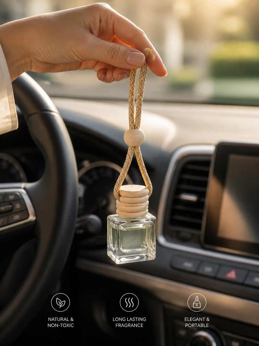 Doodlations Coffee Bar & Boutique hanging glass car diffuser with a wooden cap and braided rope inside a vehicle.
