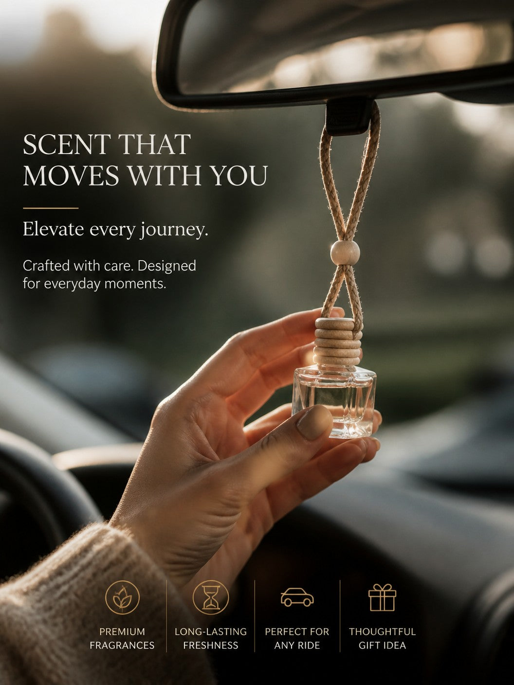 Doodlations Coffee Bar & Boutique hanging car diffuser with a wooden cap and jute rope hanging from a rearview mirror.