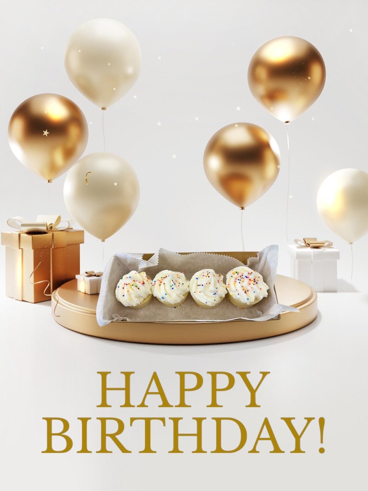 Doodlations Coffee Bar & Boutique Happy Birthday mini cupcake wax melts with white frosting and rainbow sprinkles.