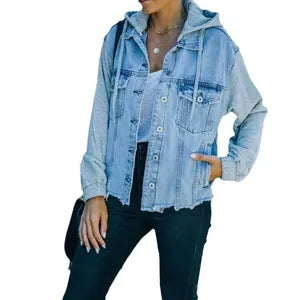 Doodlations Coffee Bar & Boutique oversized light-wash denim jacket with grey jersey hood and sleeves, raw-edge hem.