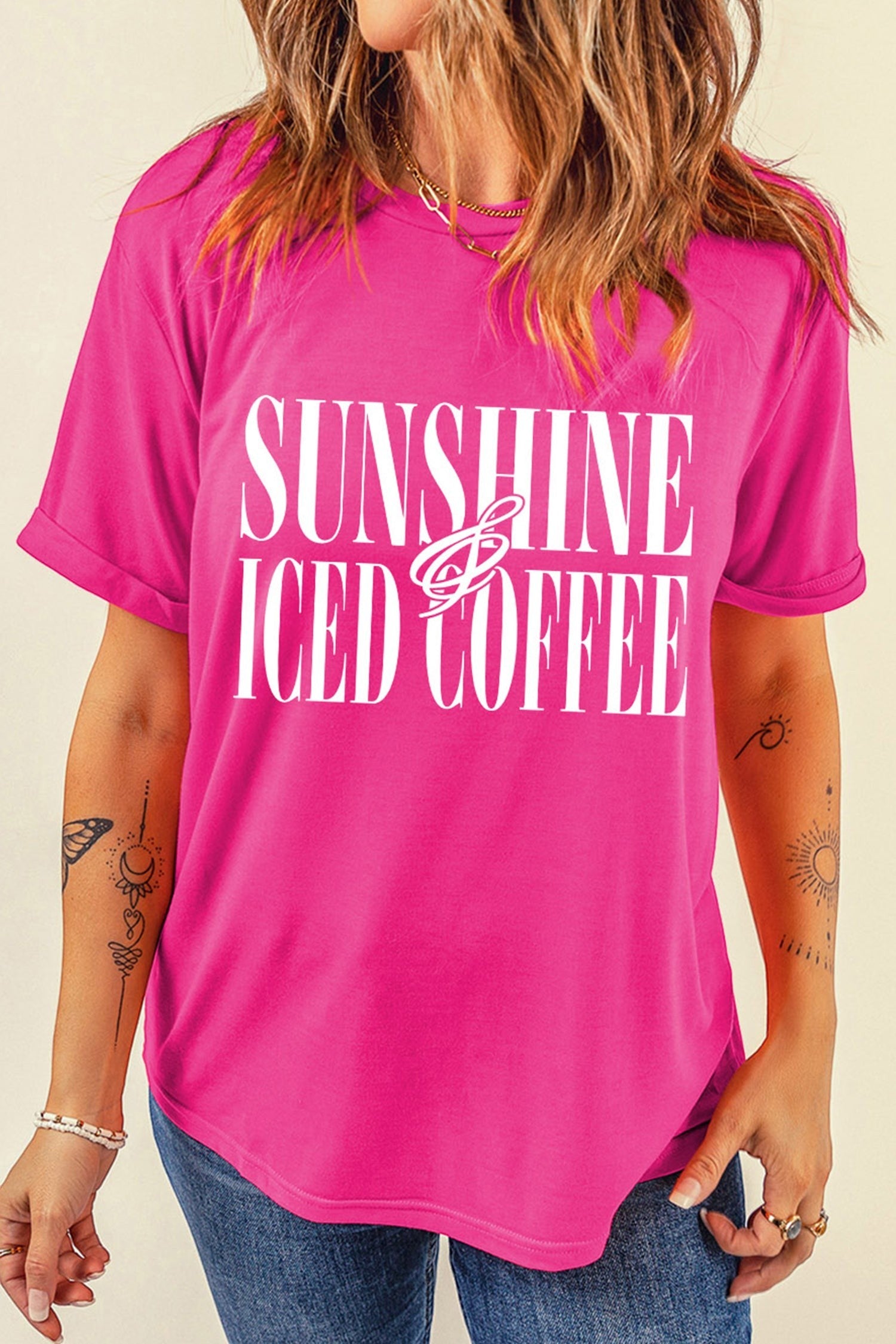 Doodlations Coffee Bar & Boutique hot pink crewneck t-shirt with white Sunshine And Iced Coffee graphic text