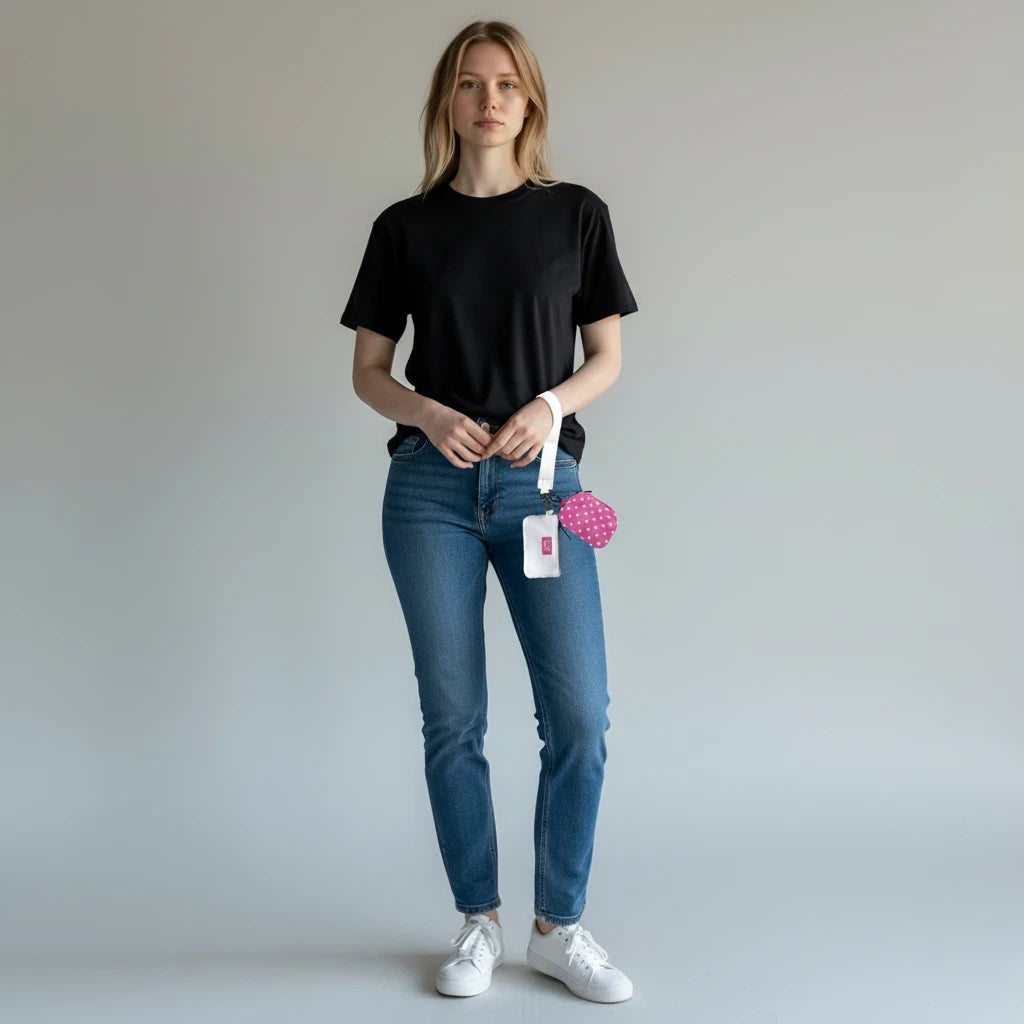 Model wearing a black t-shirt and jeans holding a Doodlations Coffee Bar & Boutique hot pink and white polka dot pouch