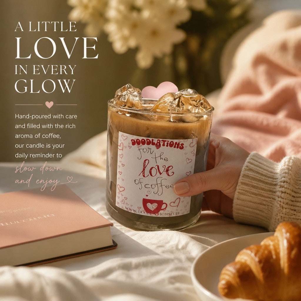 Doodlations Coffee Bar & Boutique iced hazelnut coffee candle in a glass jar held by a hand with a croissant nearby.