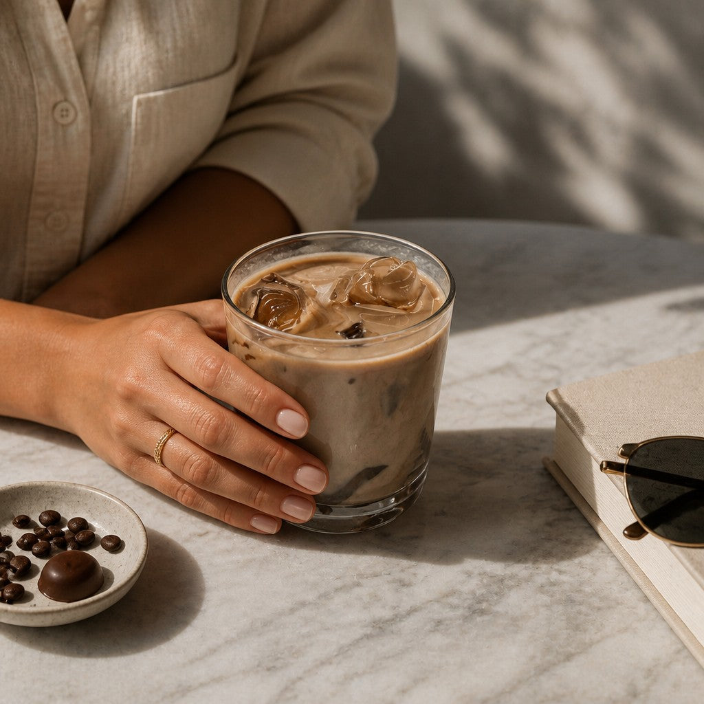 Doodlations Coffee Bar & Boutique iced hazelnut and crème coffee candle lifestyle shot with a glass of iced coffee