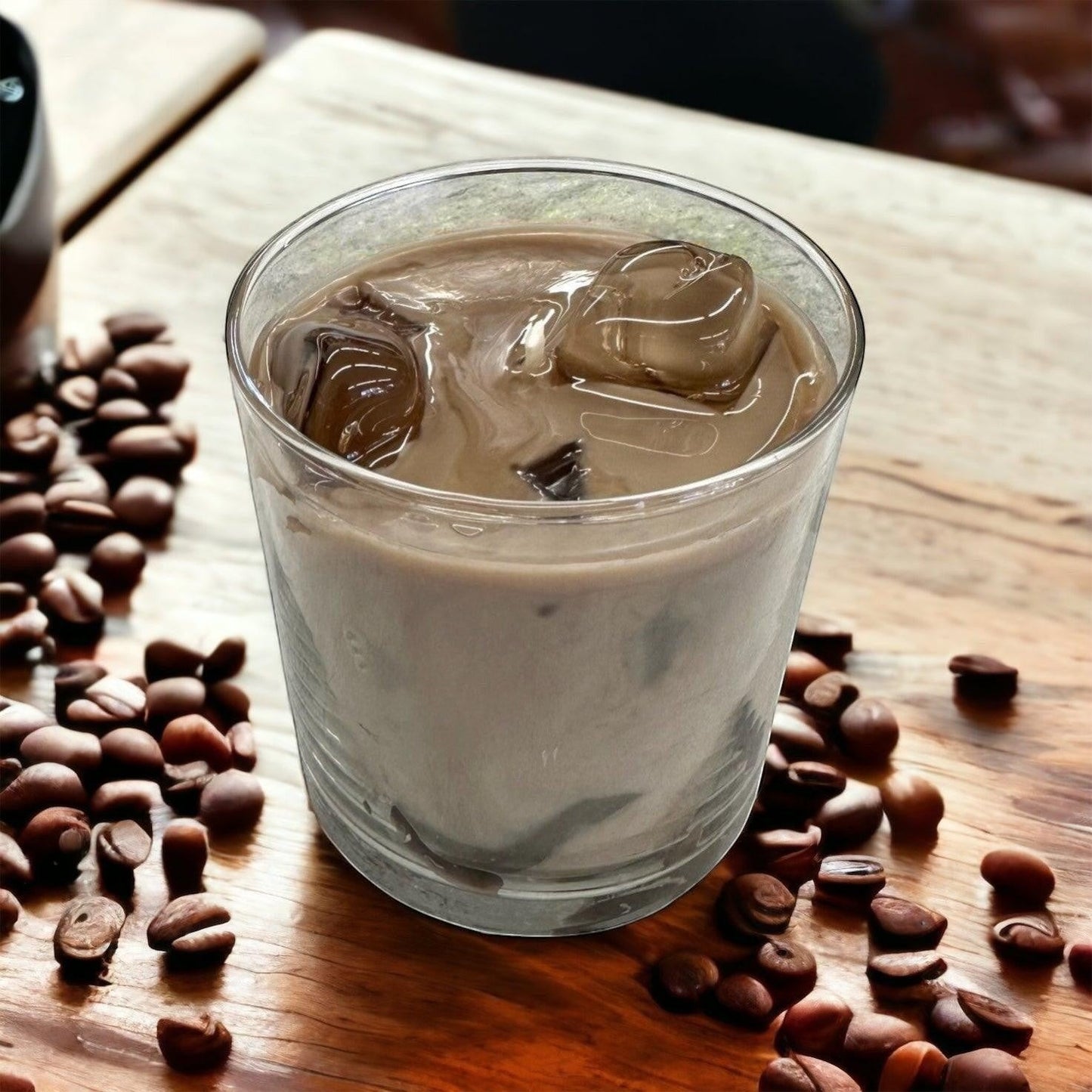 Doodlations Coffee Bar & Boutique Iced Hazelnut & Crème Coffee candle with coffee beans scattered around.
