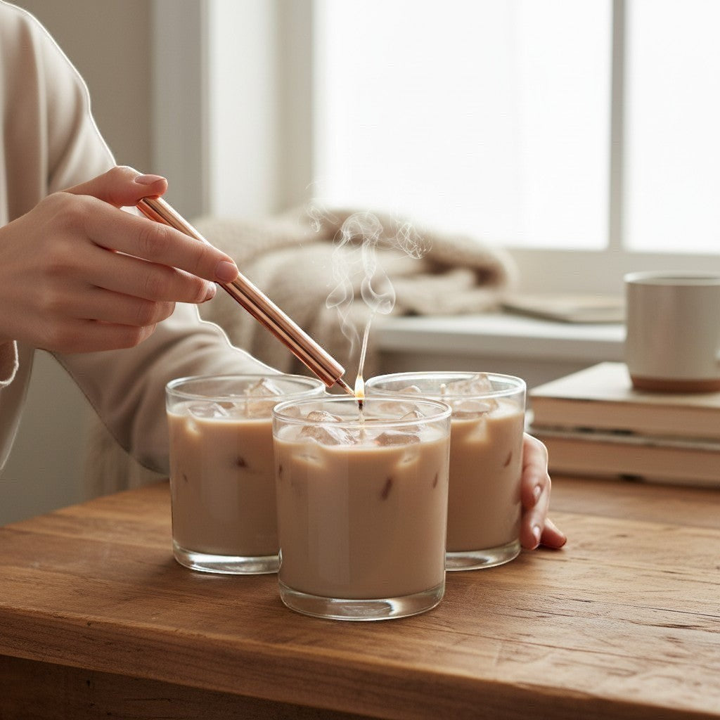 Doodlations Coffee Bar & Boutique Iced Hazelnut & Crème Coffee candle, hand-poured, 8oz, coffee-inspired scent.
