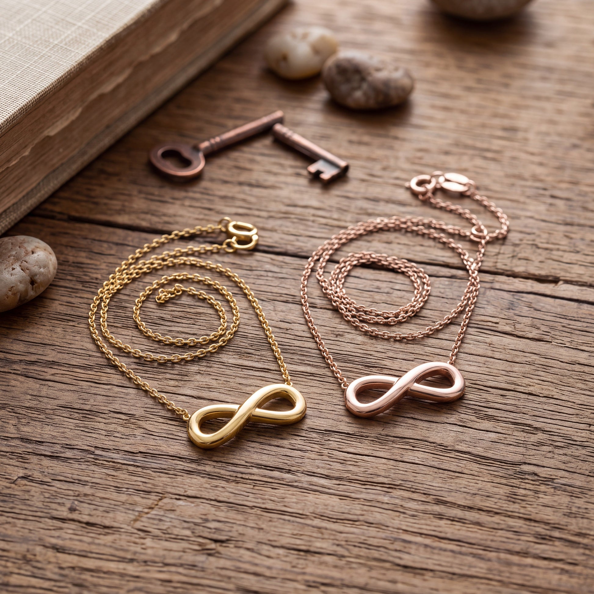 Doodlations Coffee Bar & Boutique gold and rose gold infinity symbol pendant necklaces on a rustic wooden table.