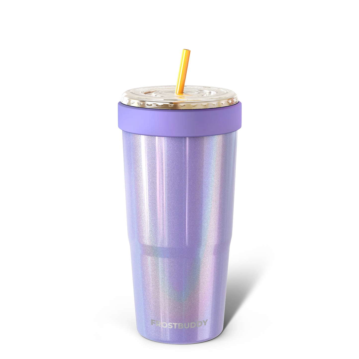 Doodlations Coffee Bar & Boutique iridescent purple To-Go Buddy tumbler with yellow straw. Double-walled stainless steel.