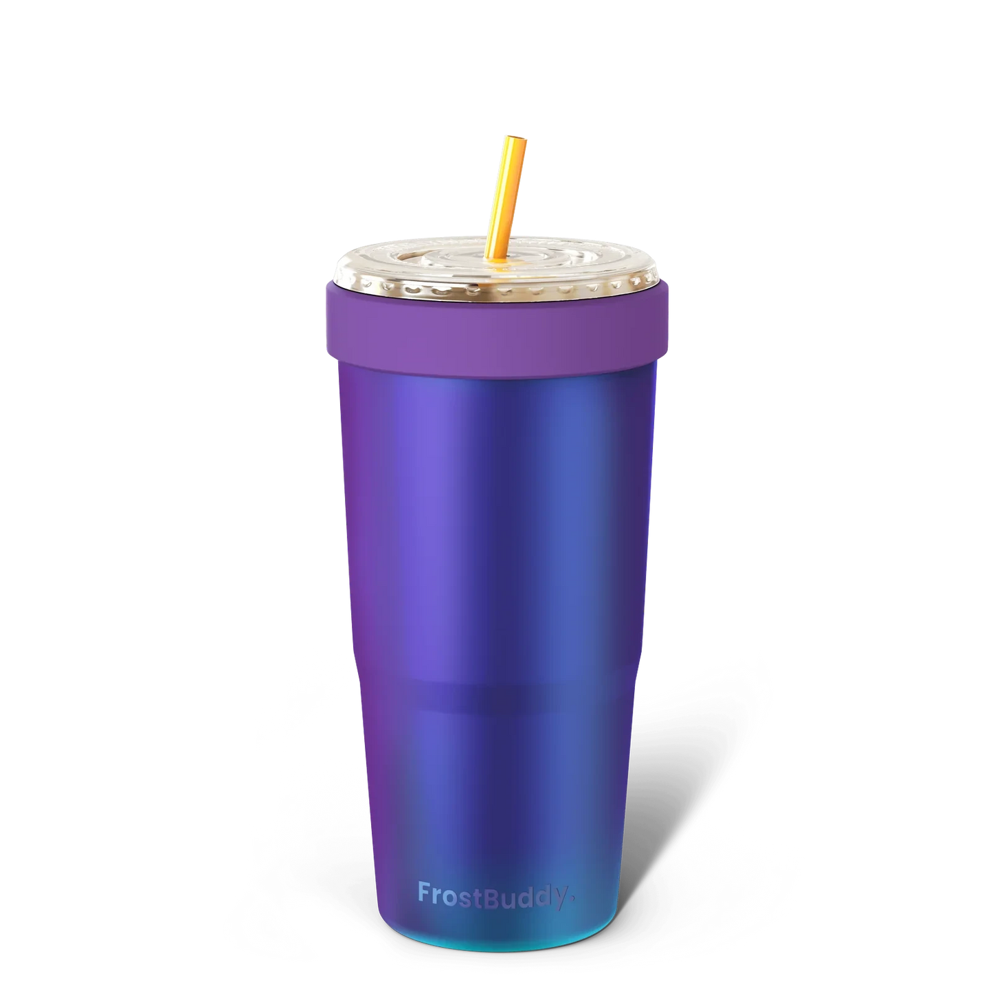 Doodlations Coffee Bar & Boutique iridescent purple stainless steel tumbler with purple lid and yellow straw.