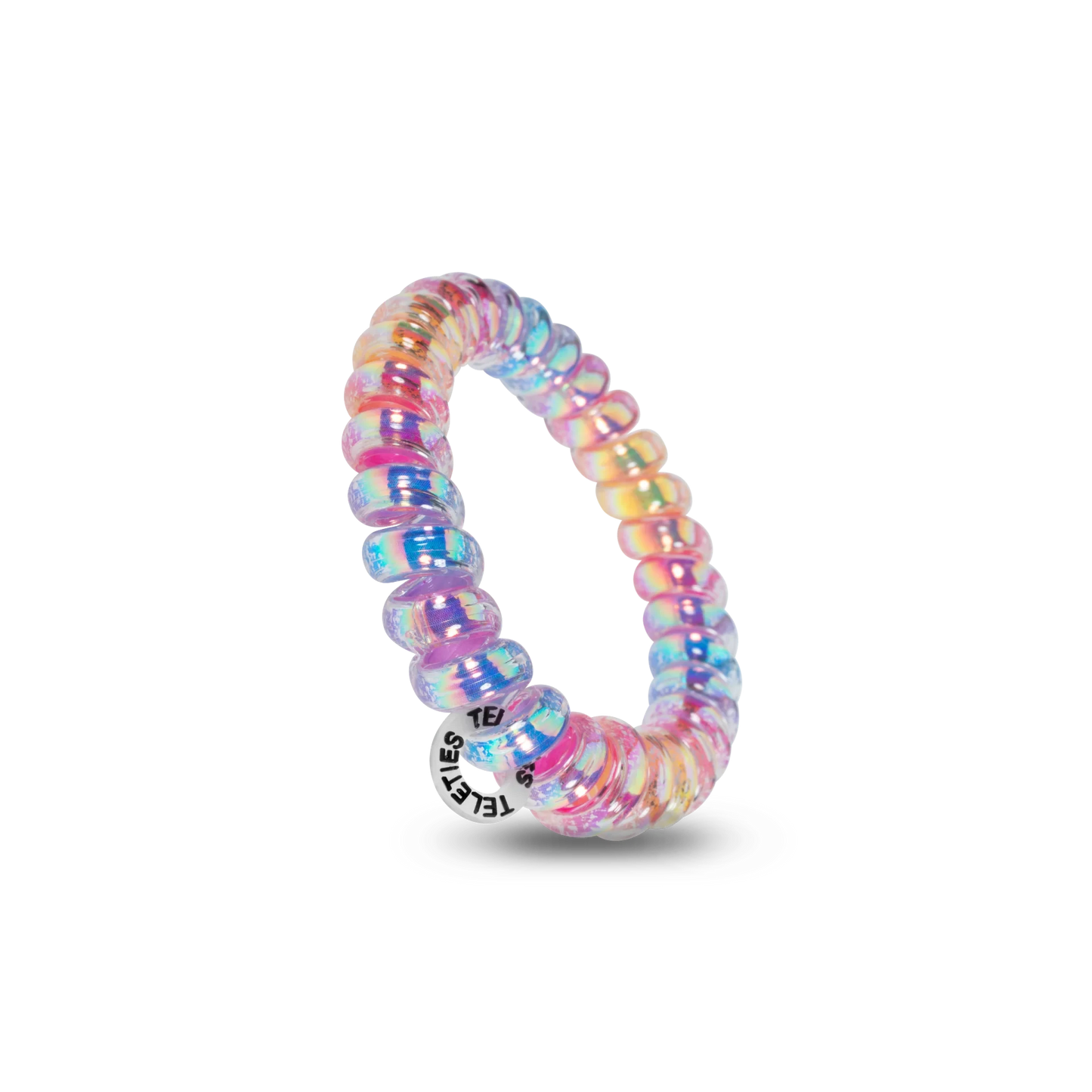 Doodlations Coffee Bar & Boutique iridescent spiral hair tie with a strong grip design on a black background