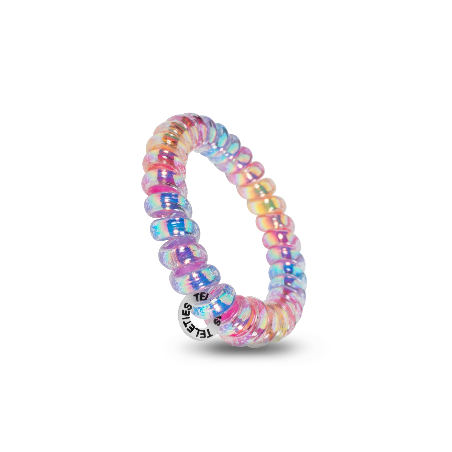 Doodlations Coffee Bar & Boutique iridescent spiral hair tie with a strong grip design on a black background