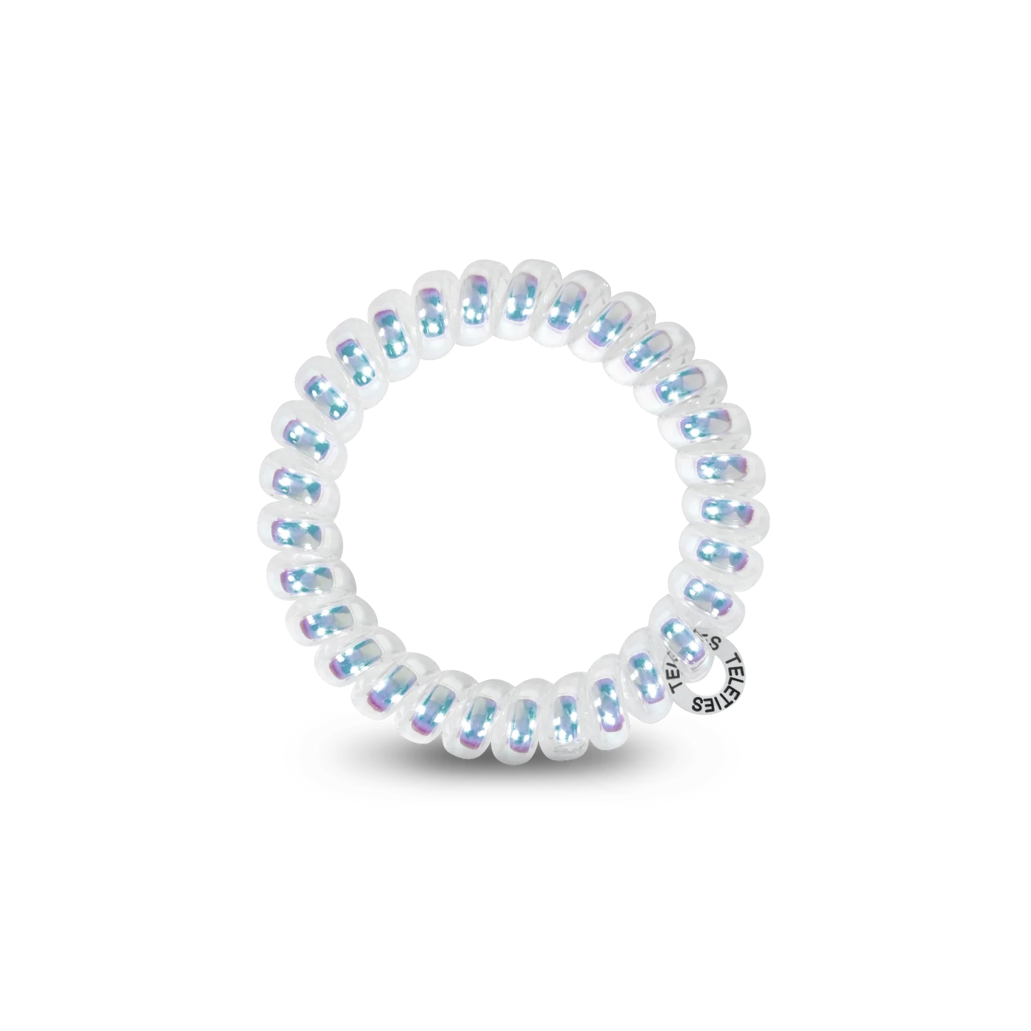 Doodlations Coffee Bar & Boutique iridescent white spiral hair tie with a strong, damage-free grip