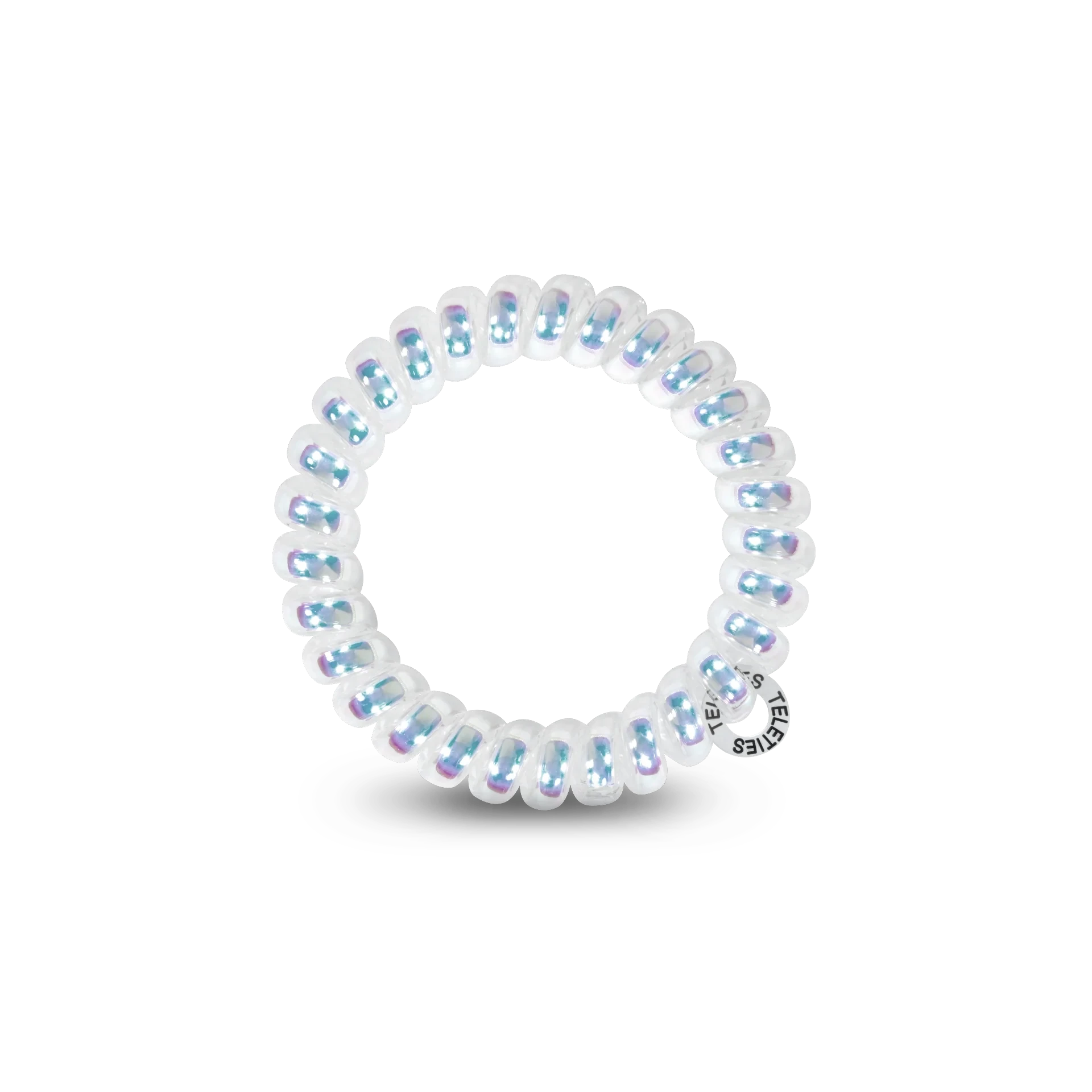 Doodlations Coffee Bar & Boutique iridescent white spiral hair tie with a strong, damage-free grip