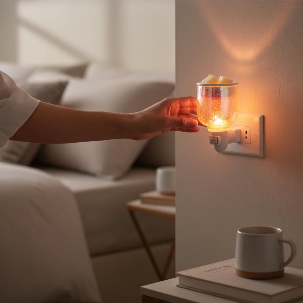 Doodlations Coffee Bar & Boutique iridescent plug-in wax warmer glowing on a wall with wax melts in a cozy bedroom