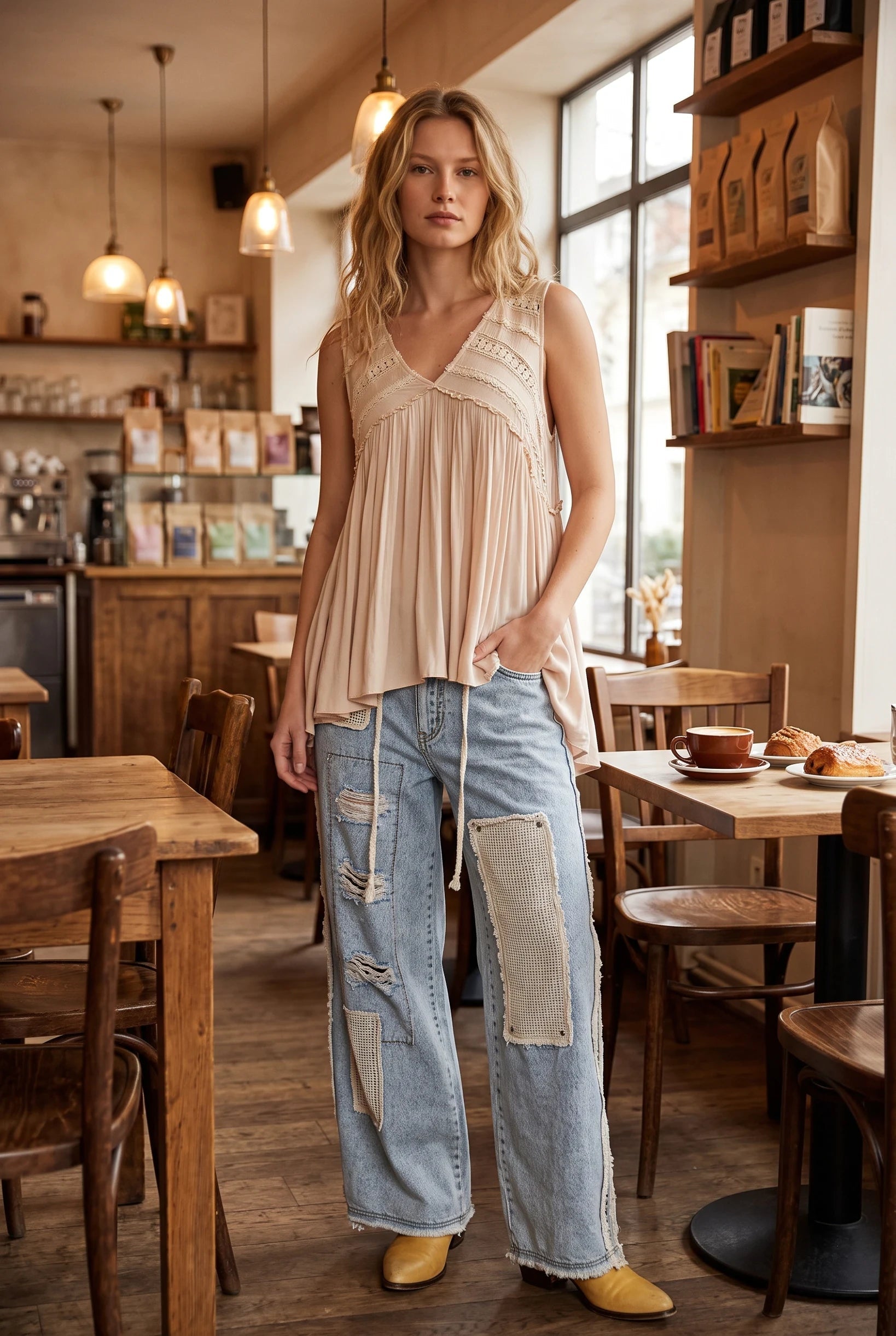 Model wearing a Doodlations Coffee Bar & Boutique ivory sleeveless V-neck tank top with lace trim in a cafe setting.