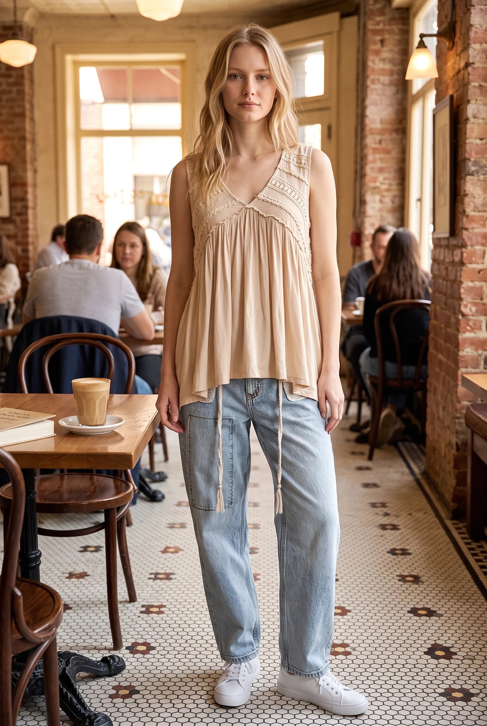 Doodlations Coffee Bar & Boutique ivory sleeveless V-neck tank top with lace trim and flowy fit worn by a blonde model