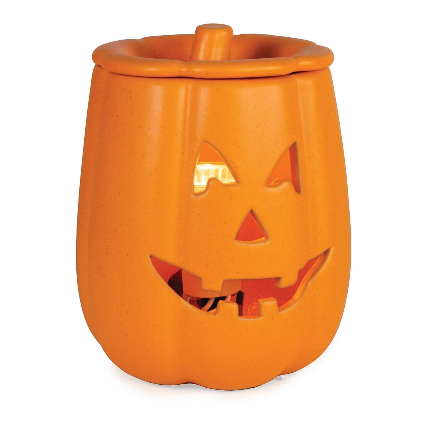 Doodlations Coffee Bar & Boutique orange ceramic Jack o' Lantern electric wax warmer with glowing interior light