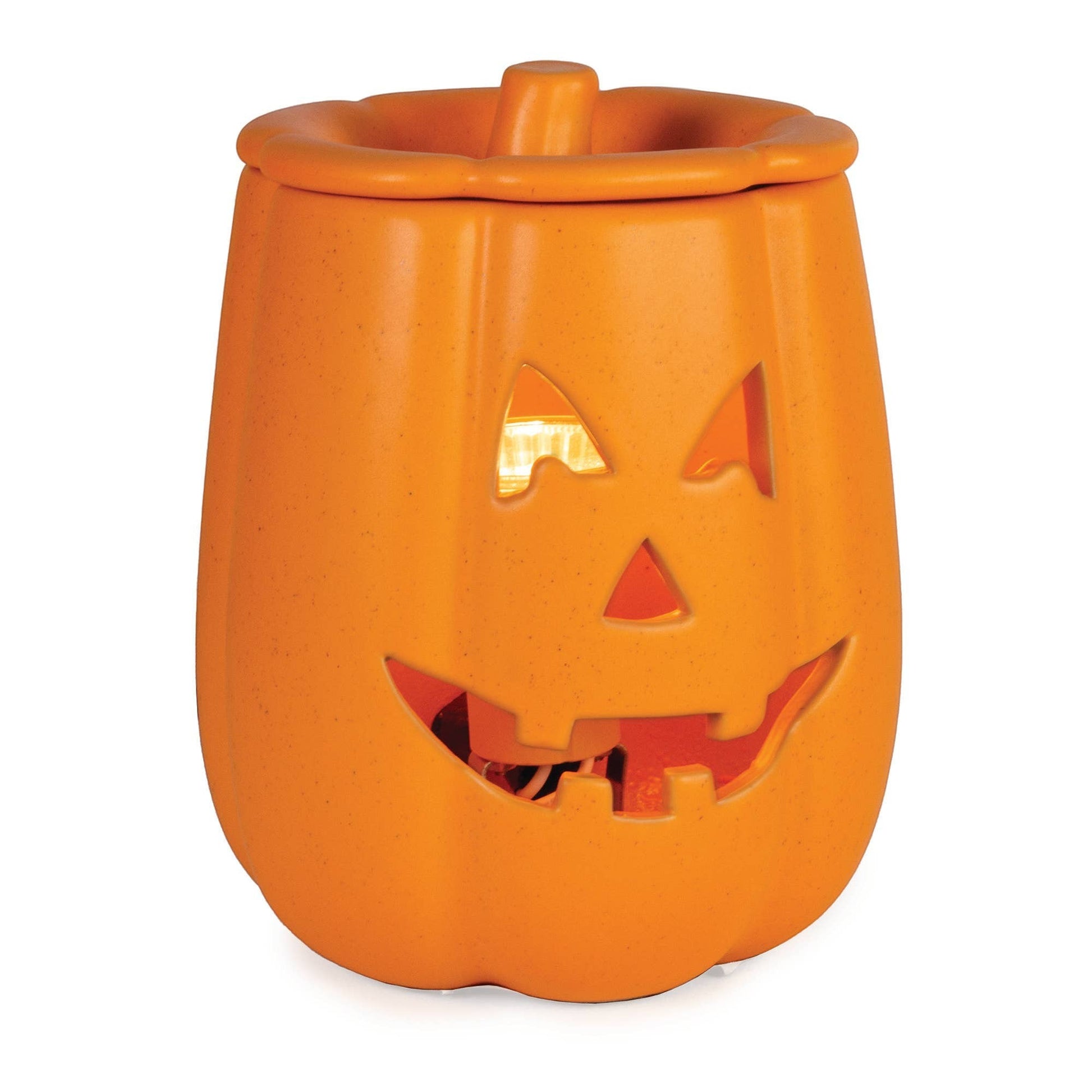 Doodlations Coffee Bar & Boutique orange ceramic Jack o' Lantern electric wax warmer with glowing interior light