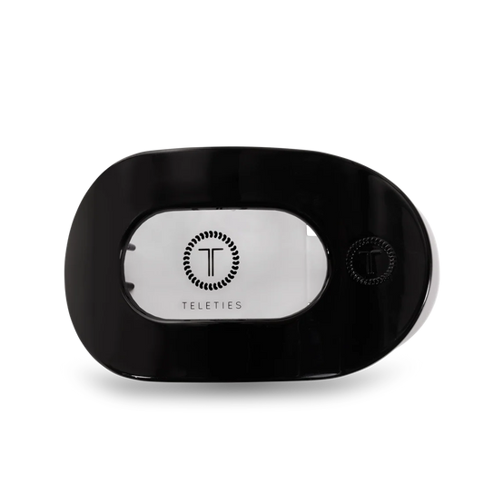 Doodlations Coffee Bar & Boutique Teleties jet black flat round hair clip with bendable teeth for comfortable wear.