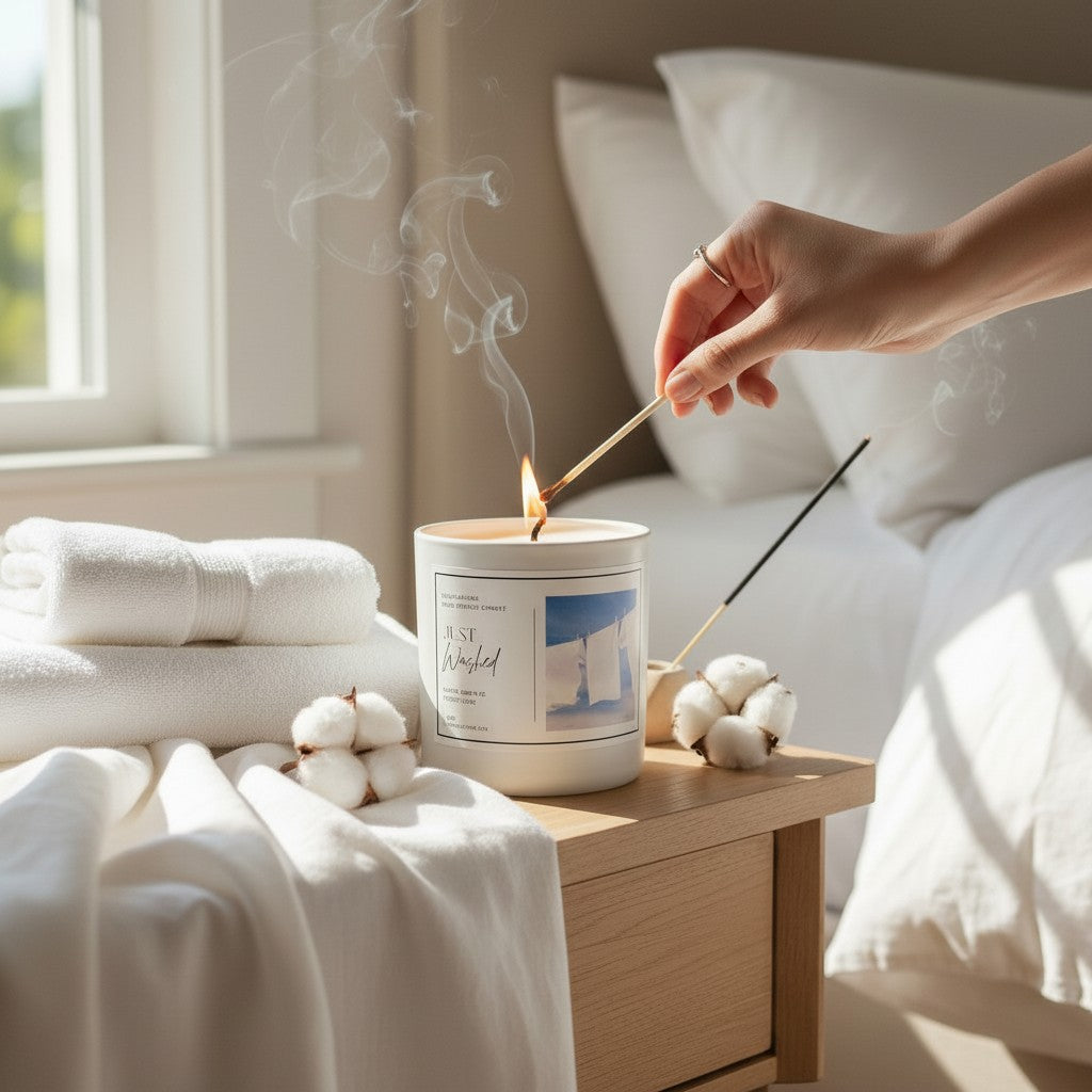 Doodlations Coffee Bar & Boutique Just Washed luxury candle being lit on a bedside table with cotton and folded towels.