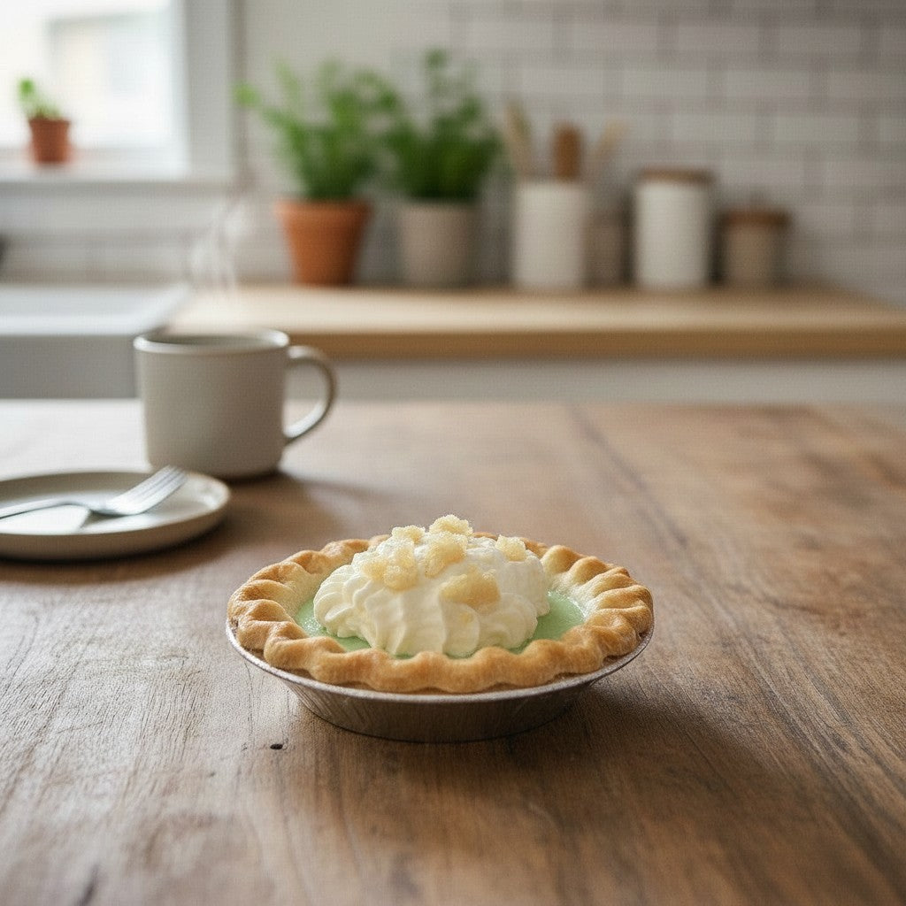 Doodlations Coffee Bar & Boutique Key Lime Pie candle in a pie tin on a wooden table in a cozy kitchen setting