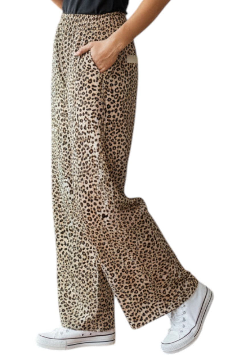 Doodlations Coffee Bar & Boutique khaki leopard print wide leg pants with a comfortable waistband and side pockets