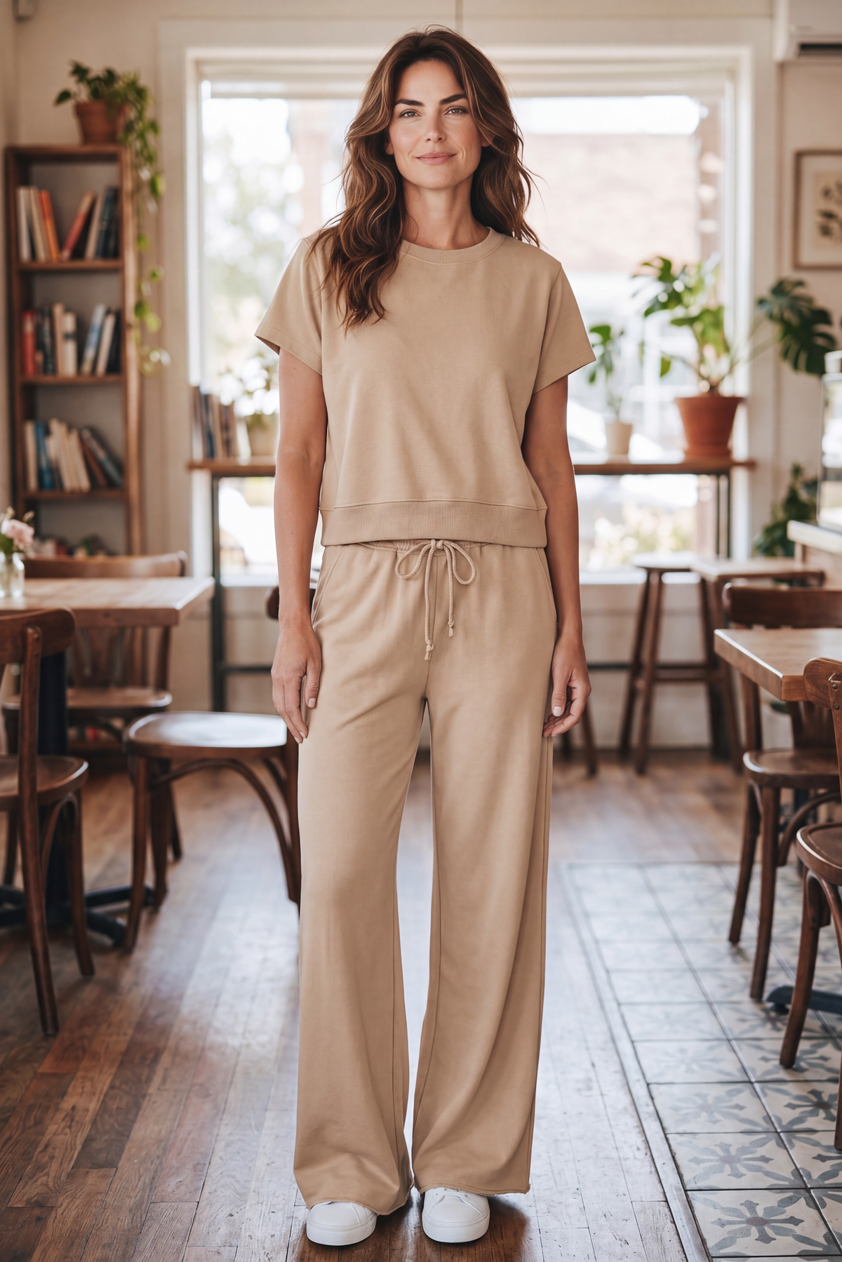 Doodlations Coffee Bar & Boutique khaki two-piece outfit with oversized short-sleeve tee and wide-leg drawstring pants.
