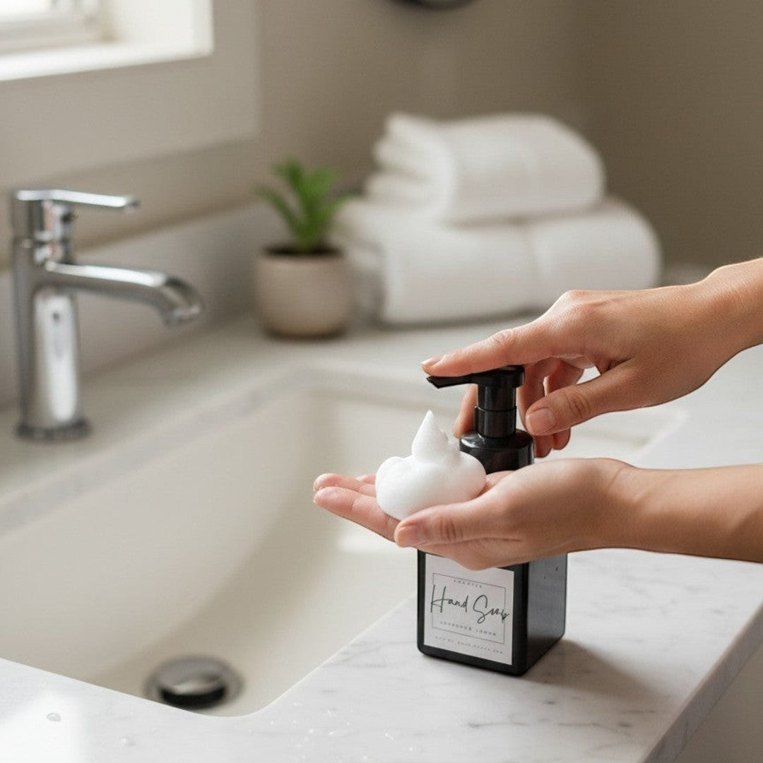 Doodlations Coffee Bar & Boutique Lavender & Lemon foaming hand soap dispenser with foam in hand.