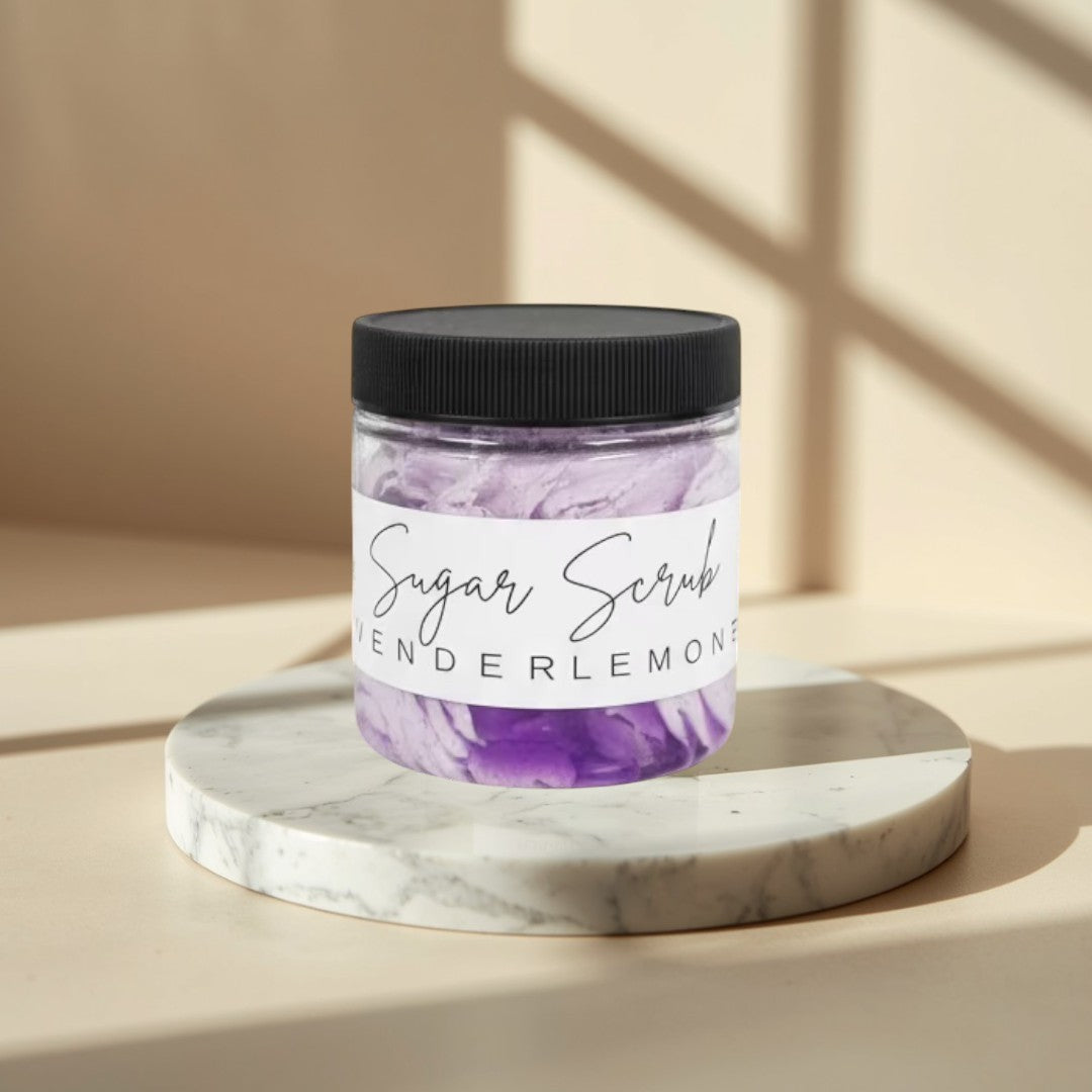 Doodlations Coffee Bar & Boutique Lavender & Lemon Sugar Scrub in a clear jar with a black lid, featuring purple and white scrub layers.