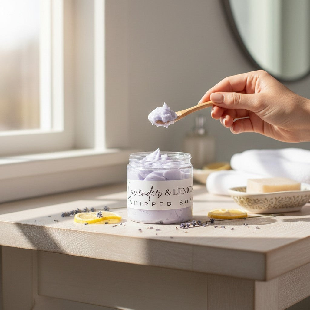 Doodlations Coffee Bar & Boutique lavender and lemon whipped soap in a jar with a wooden scoop on a sunny bathroom sill
