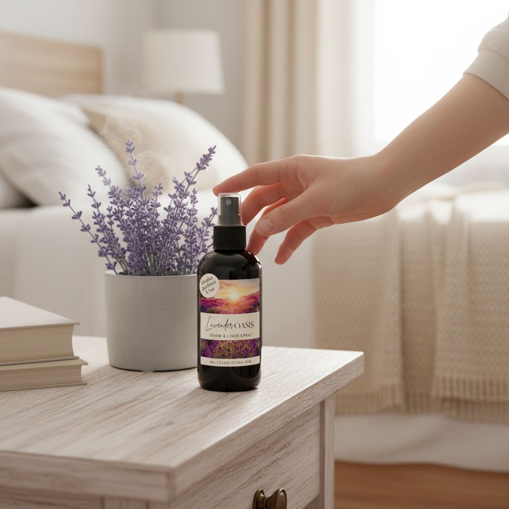 Doodlations Coffee Bar & Boutique Lavender Oasis room and linen spray bottle on a wooden nightstand with lavender.