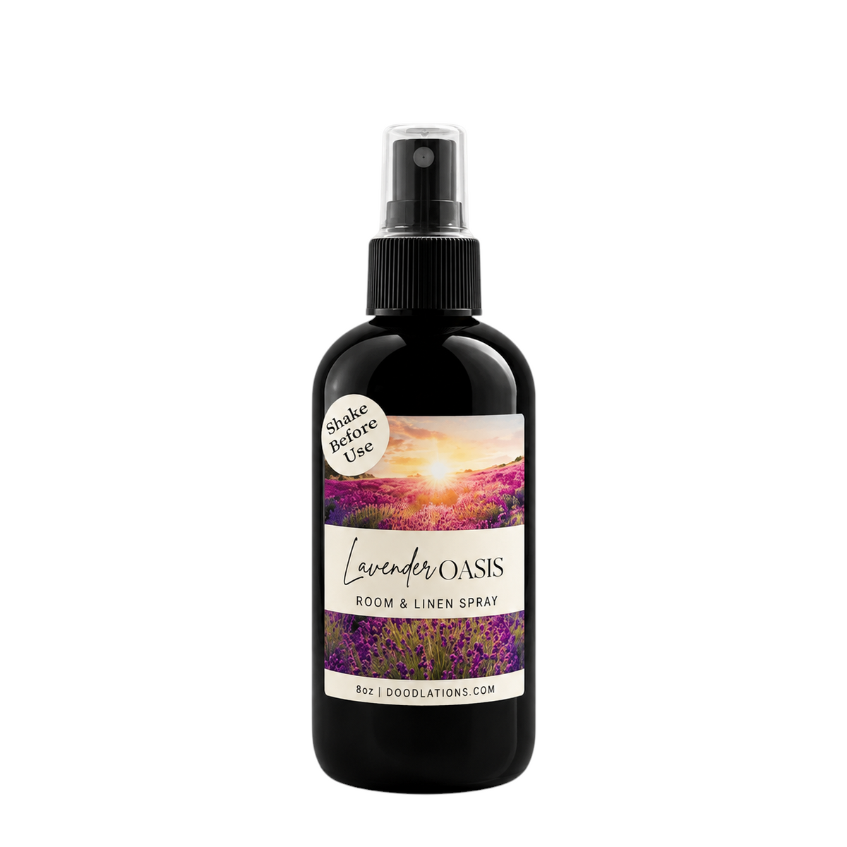 Doodlations Coffee Bar & Boutique Lavender Oasis room and linen spray in a black bottle with a sunset lavender label.