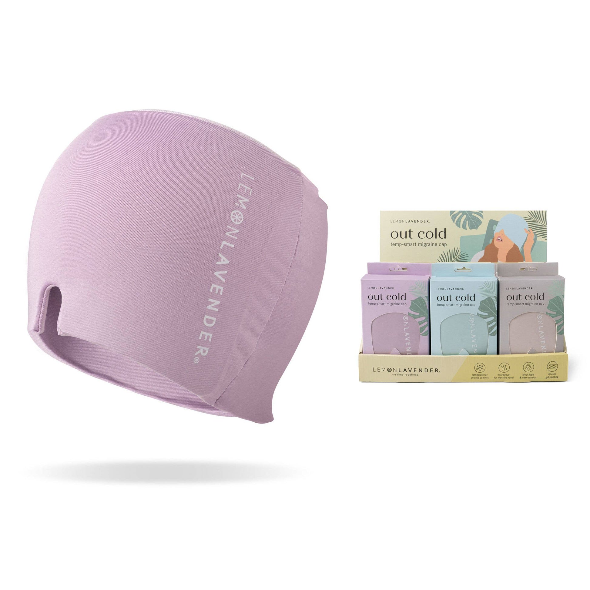 Doodlations Coffee Bar & Boutique lavender migraine relief cap with gel padding and matching retail display boxes.