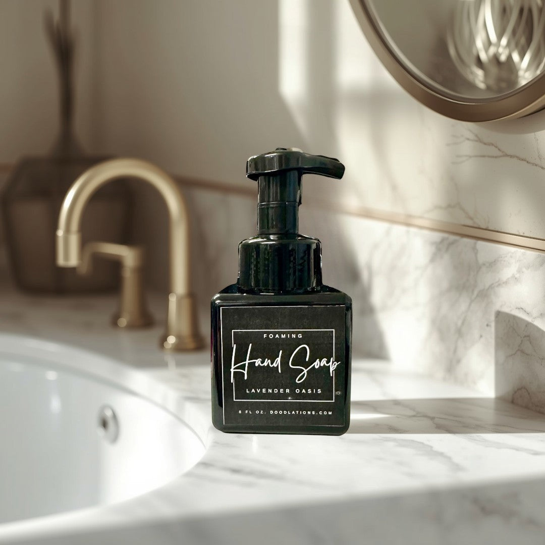 Doodlations Coffee Bar & Boutique Lavender Oasis foaming hand soap in a black bottle with a white label.