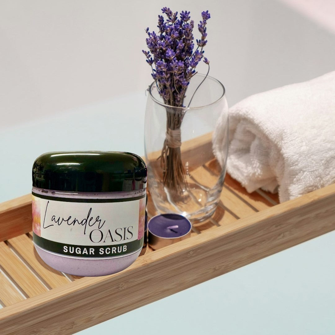 Doodlations Coffee Bar & Boutique Lavender Oasis Sugar Scrub in a clear jar with a black lid. The scrub is light purple.