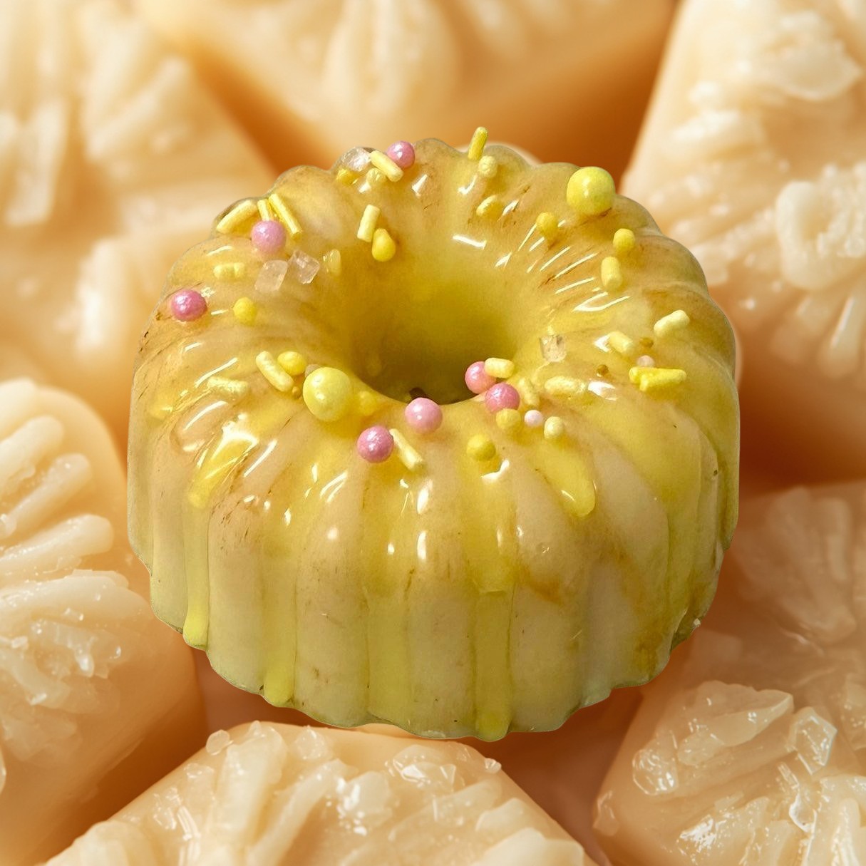Doodlations Coffee Bar & Boutique lemon bundt cake wax melt with yellow glaze and pastel sprinkles