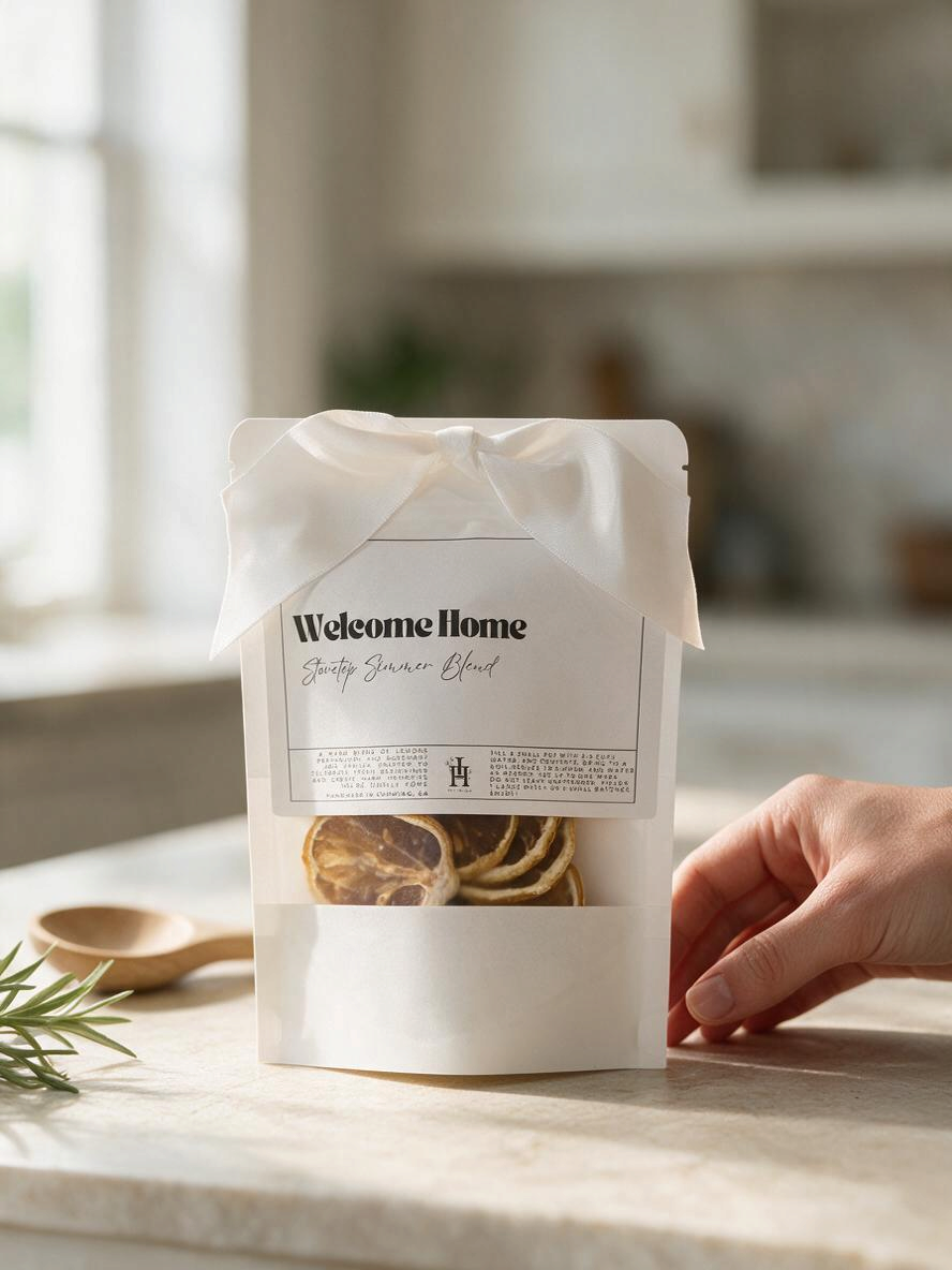 Doodlations Coffee Bar & Boutique Welcome Home lemon stovetop simmer blend in a white pouch with a satin bow.