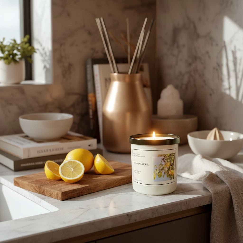 Doodlations Coffee Bar & Boutique Lemonicious luxury candle with a citrus label on a marble kitchen counter.
