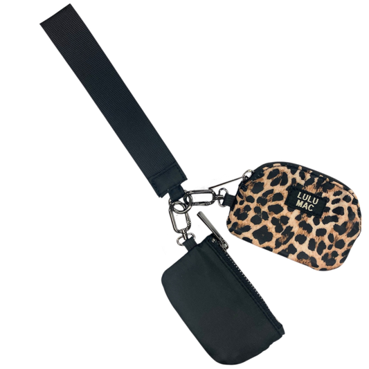 Doodlations Coffee Bar & Boutique Lulu Mac double pouch wristlet featuring a black pouch and a leopard print pouch.