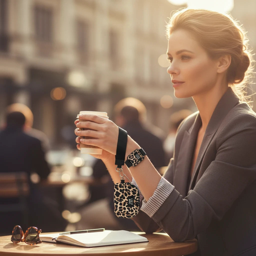 Doodlations Coffee Bar & Boutique Lulu Mac double pouch wristlet in black and leopard print worn by a woman at a cafe