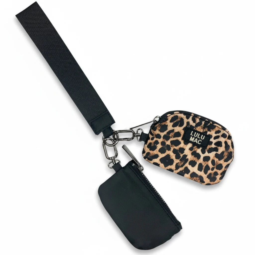 Doodlations Coffee Bar & Boutique Lulu Mac double pouch wristlet featuring a black pouch and a leopard print pouch.