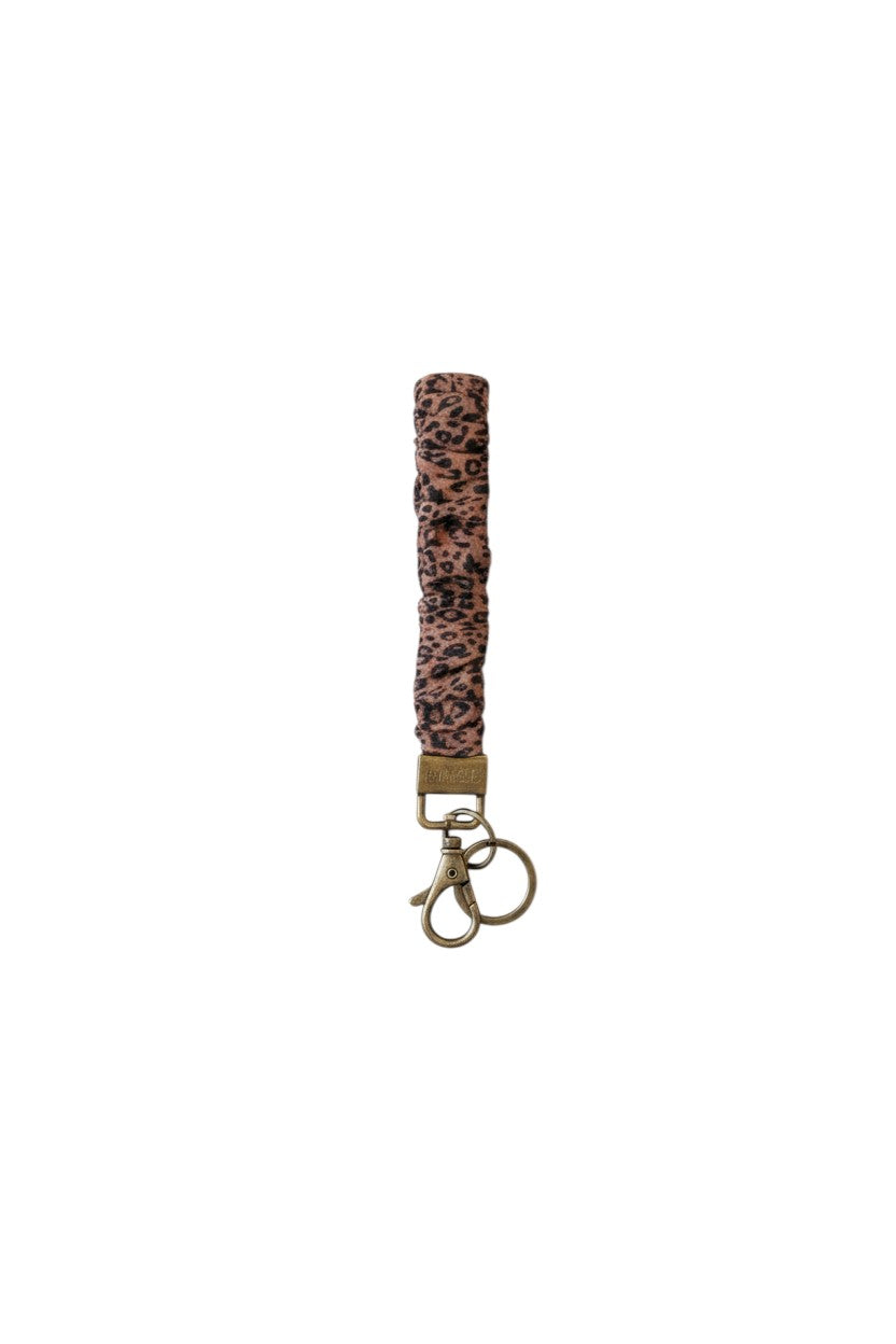 Doodlations Coffee Bar & Boutique leopard print fabric wristlet keychain with antique brass hardware